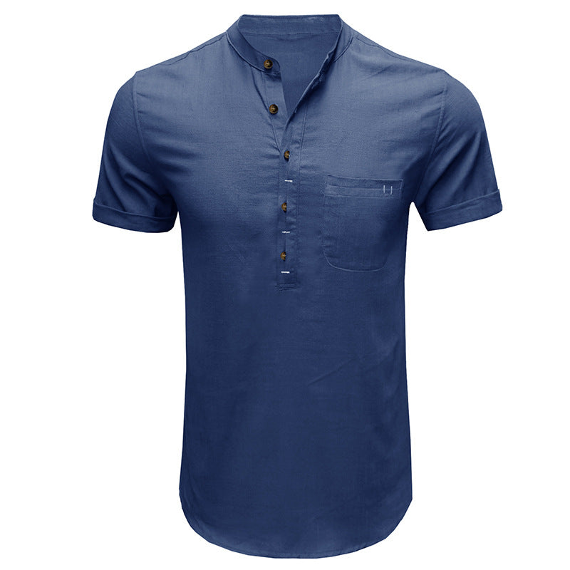 Men's Henry Collar Solid Cotton Linen Pocket Short Sleeved Shirt