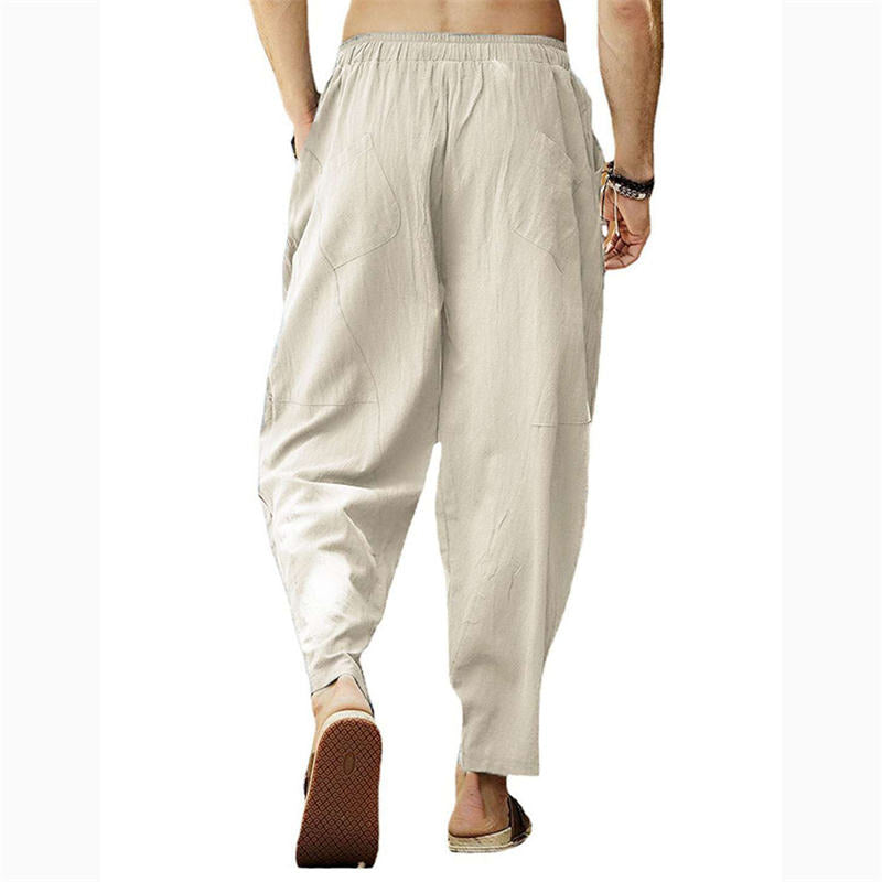 Large Size Casual Pants Men's Loose Cotton and Linen Drawstring Hip Hop Lantern Pencil Pants