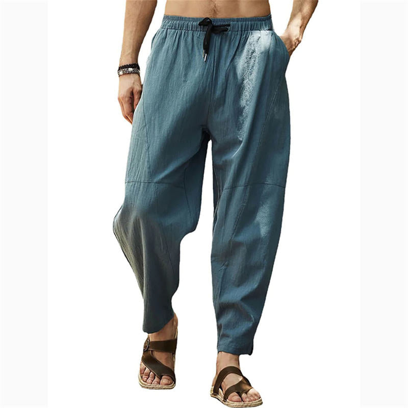 Large Size Casual Pants Men's Loose Cotton and Linen Drawstring Hip Hop Lantern Pencil Pants