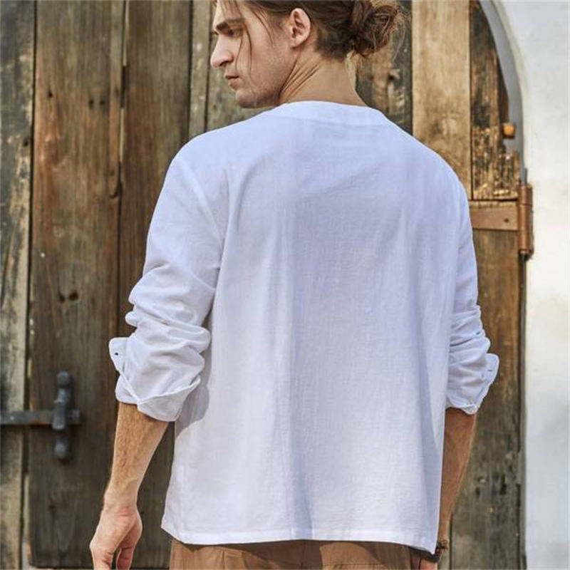 New Cotton and Linen Shirt Youth Solid Color Simple Round Neck Button Trend Casual Long-sleeved Shirt