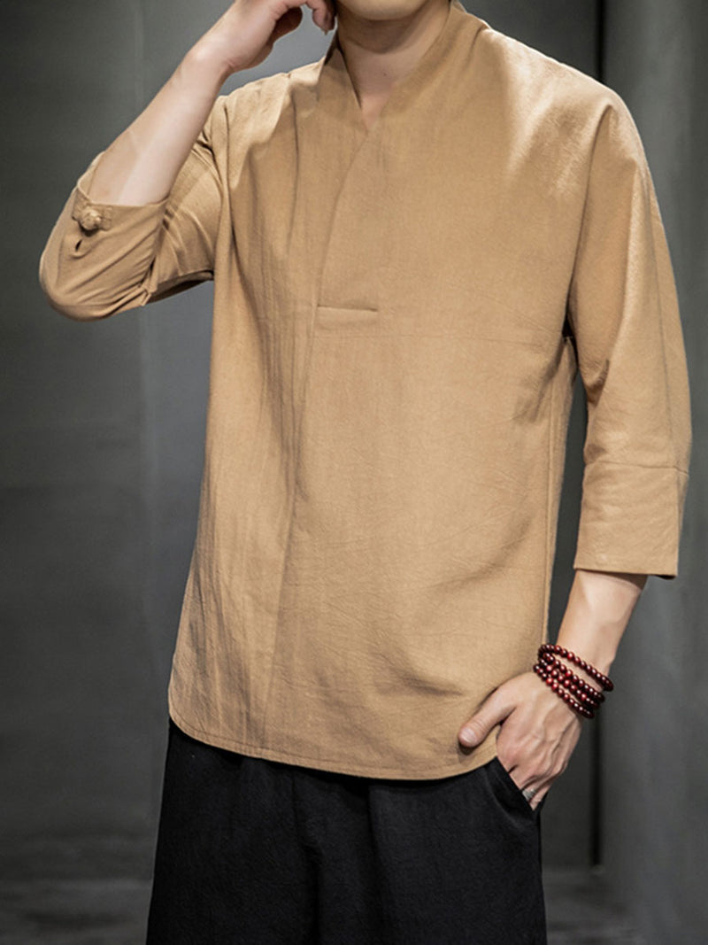 Cotton And Linen V-neck Three-quarter Sleeve T-shirt