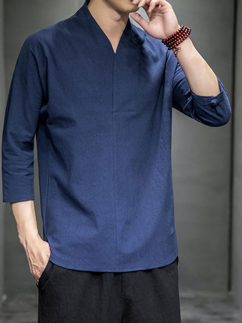 Cotton And Linen V-neck Three-quarter Sleeve T-shirt