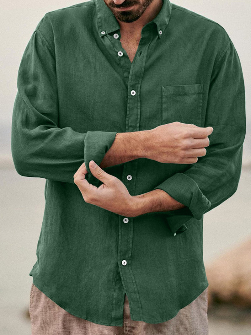 Solid Color Casual Lapel Cotton Linen Loose Shirt