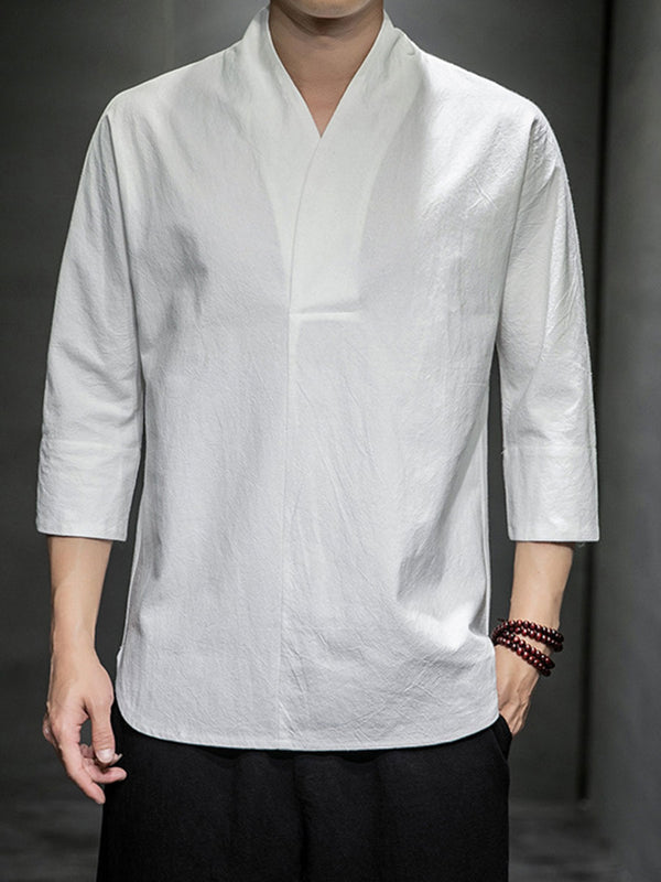 Cotton And Linen V-neck Three-quarter Sleeve T-shirt