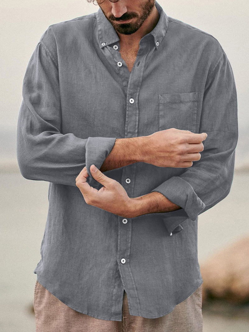 Solid Color Casual Lapel Cotton Linen Loose Shirt