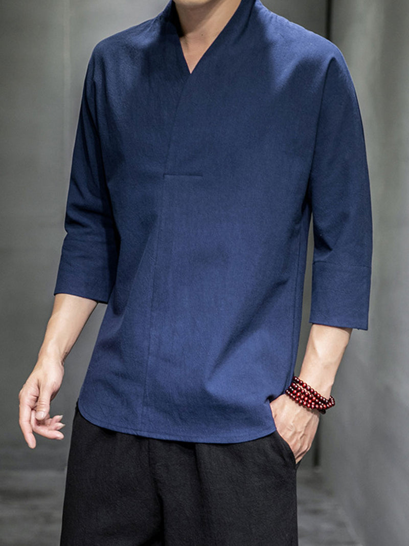 Cotton And Linen V-neck Three-quarter Sleeve T-shirt