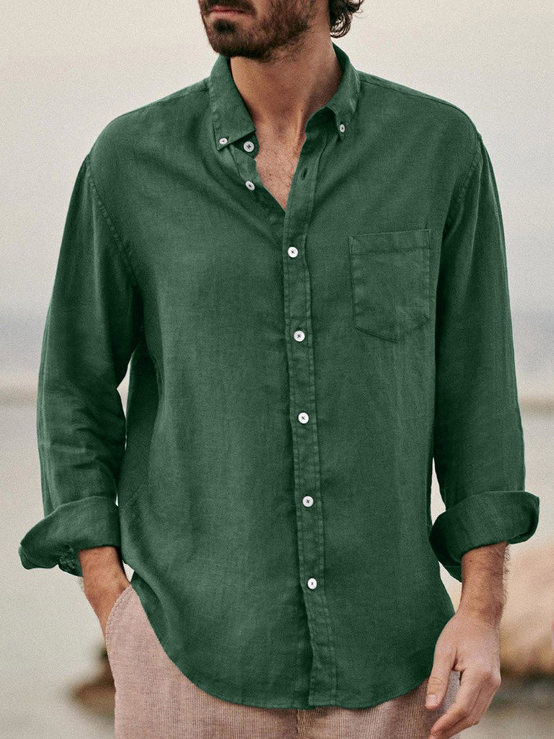 Solid Color Casual Lapel Cotton Linen Loose Shirt