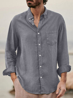 Solid Color Casual Lapel Cotton Linen Loose Shirt