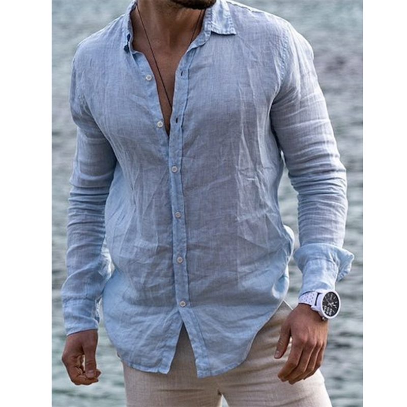 Holiday Style Lapel Shirt Men's Casual Cotton Linen Long Sleeve Beach Blouses