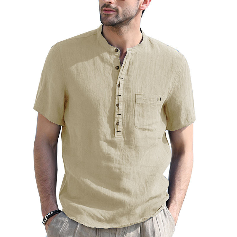 Men's Henry Collar Solid Color Pocket Short-sleeved Shirt European and American Men's Cotton and Linen Shirt