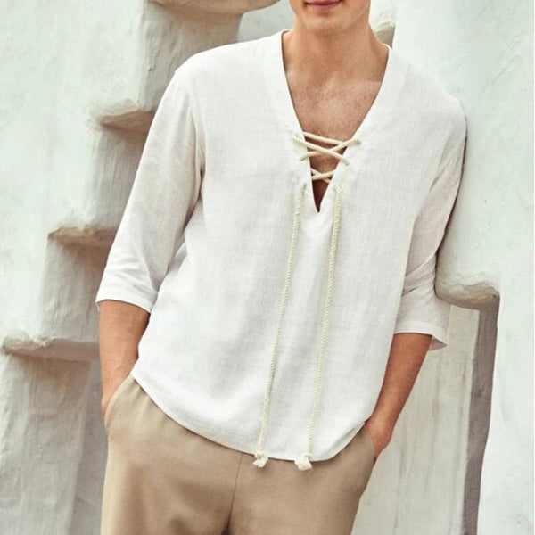 Summer V-neck Long-sleeved T-shirt Men's Bottoming Shirt Top Plus Size Cotton and Linen Hooded Shirt