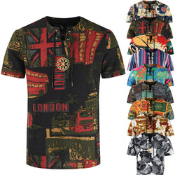 Men's Retro Printed Cotton And Linen Short Sleeved T-shirt