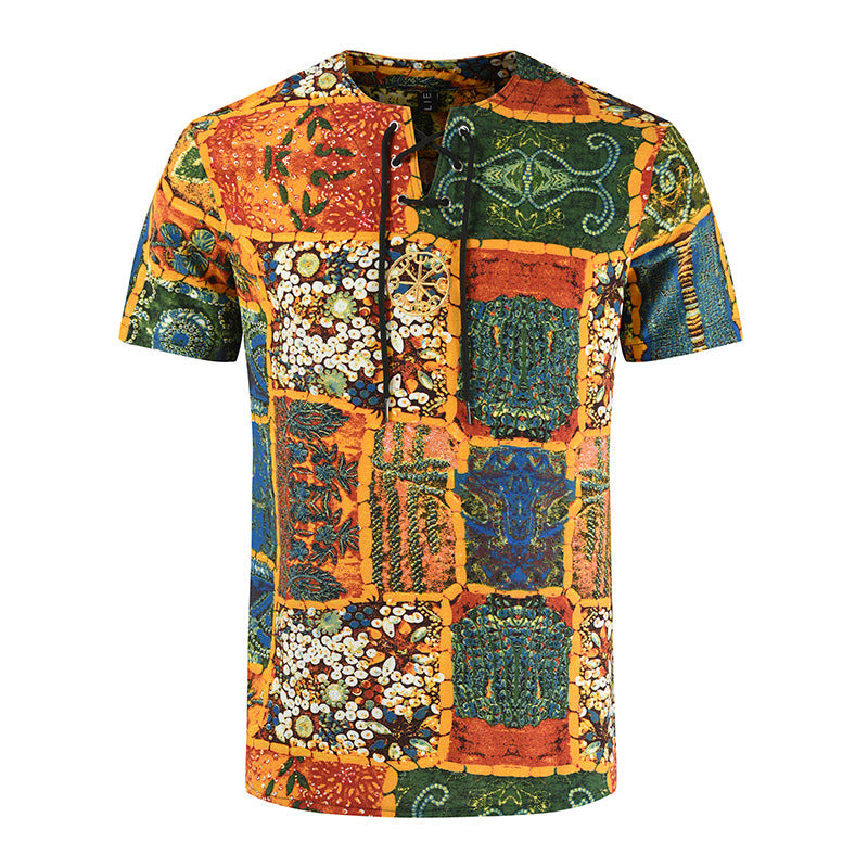 Men's Retro Printed Cotton And Linen Short Sleeved T-shirt