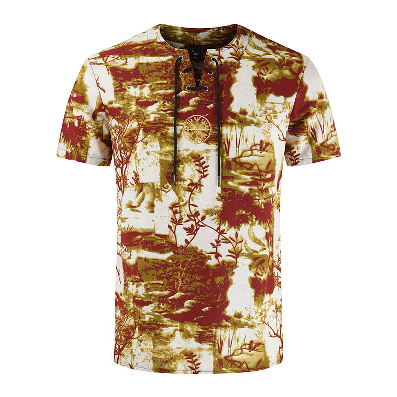 Men's Retro Printed Cotton And Linen Short Sleeved T-shirt