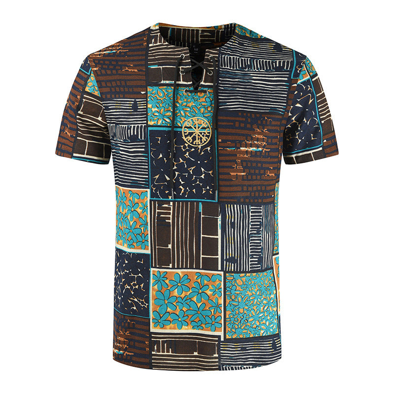 Men's Retro Printed Cotton And Linen Short Sleeved T-shirt