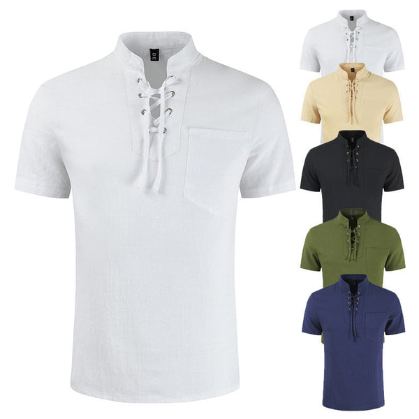 Men's Outdoor Cotton And Linen Lace-up Pocket Short Sleeved T-shirt