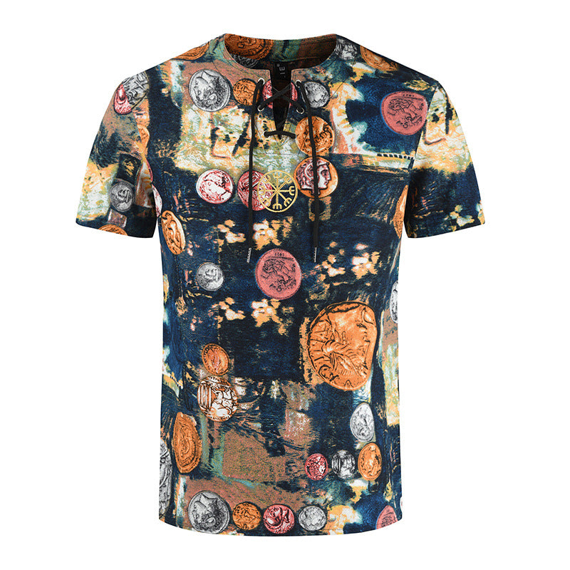 Men's Retro Printed Cotton And Linen Short Sleeved T-shirt