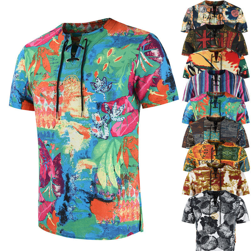 Men's Retro Printed Cotton And Linen Short Sleeved T-shirt