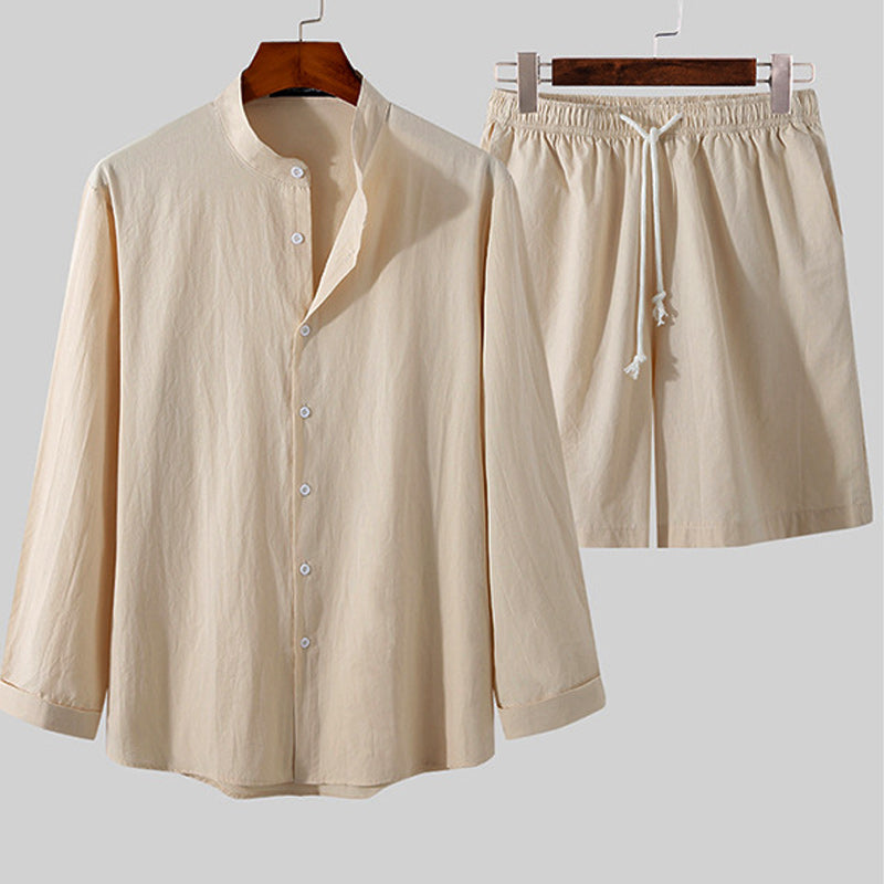 Simple Solid Color Holiday Cotton Linen Shirt Shorts Set