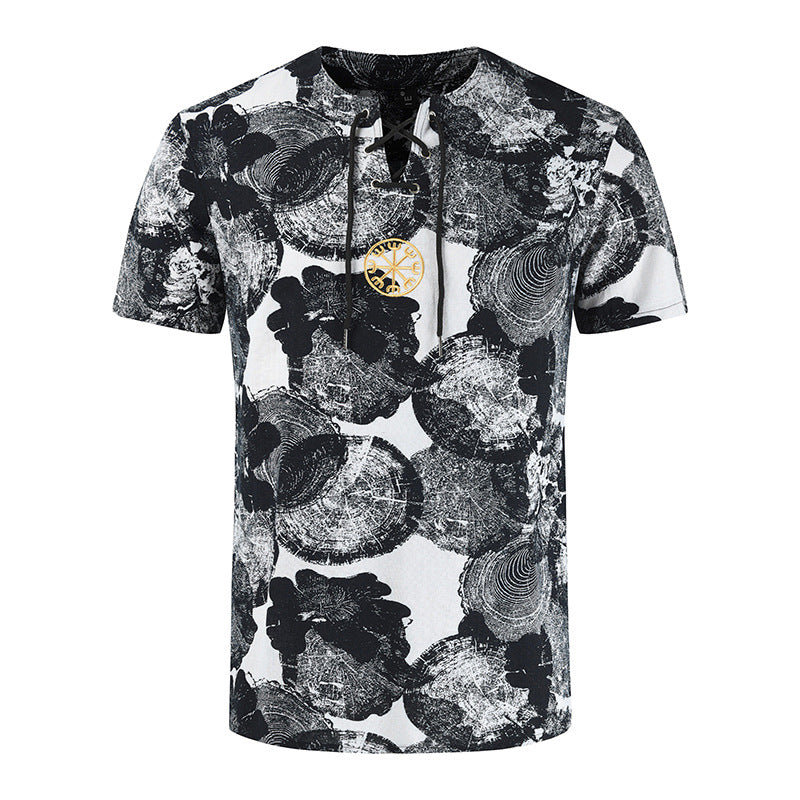 Men's Retro Printed Cotton And Linen Short Sleeved T-shirt