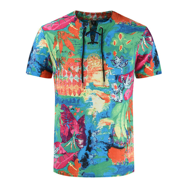 Men's Retro Printed Cotton And Linen Short Sleeved T-shirt