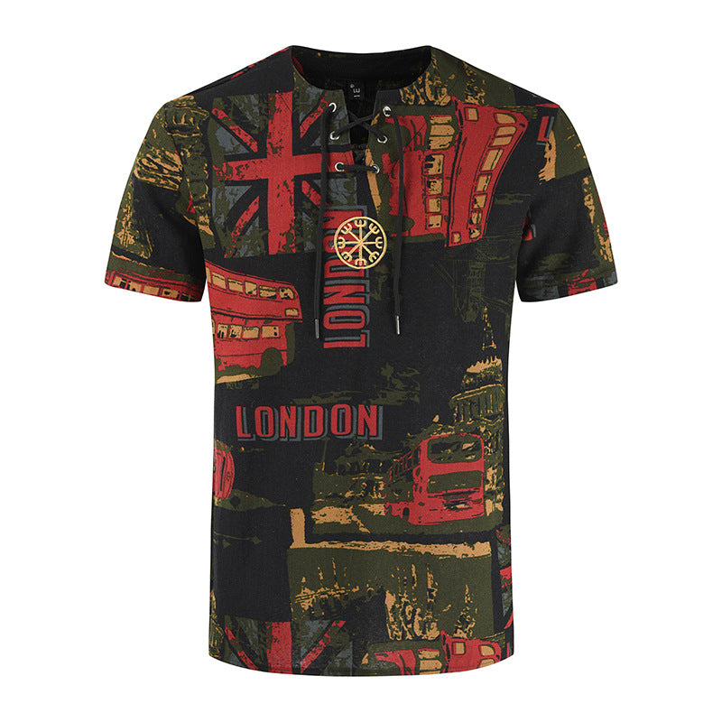 Men's Retro Printed Cotton And Linen Short Sleeved T-shirt