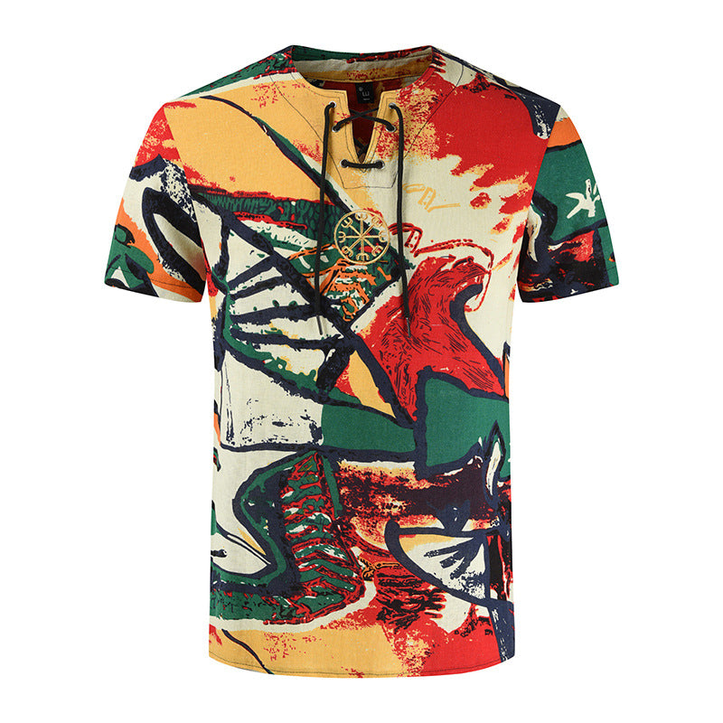 Men's Retro Printed Cotton And Linen Short Sleeved T-shirt