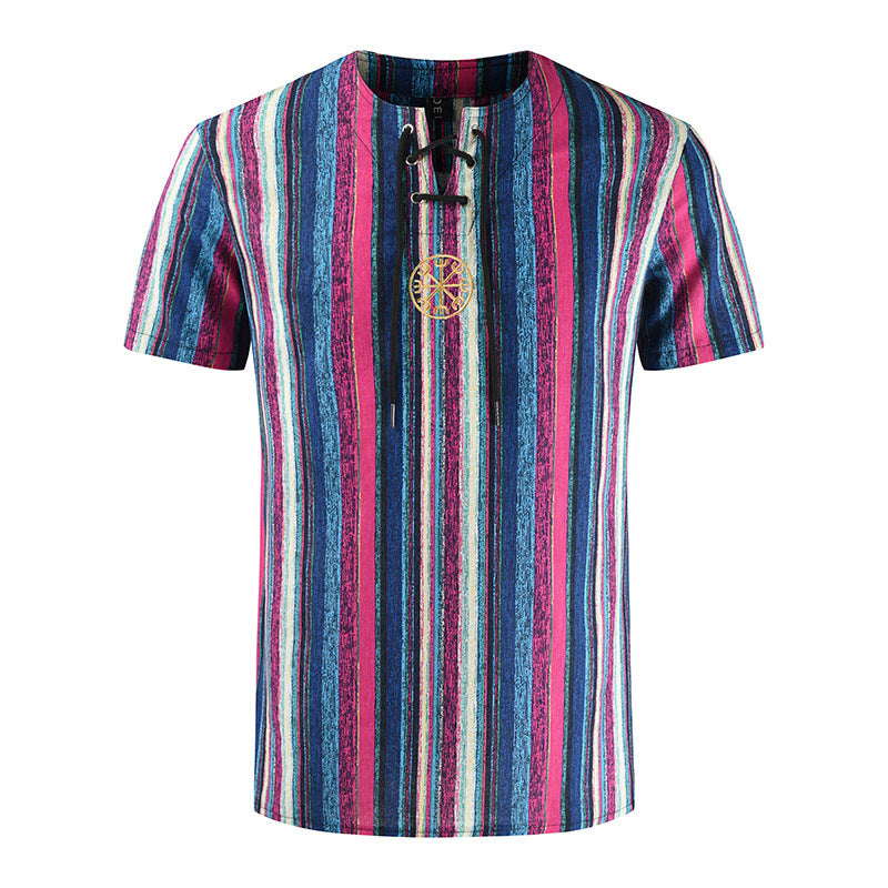 Men's Retro Printed Cotton And Linen Short Sleeved T-shirt