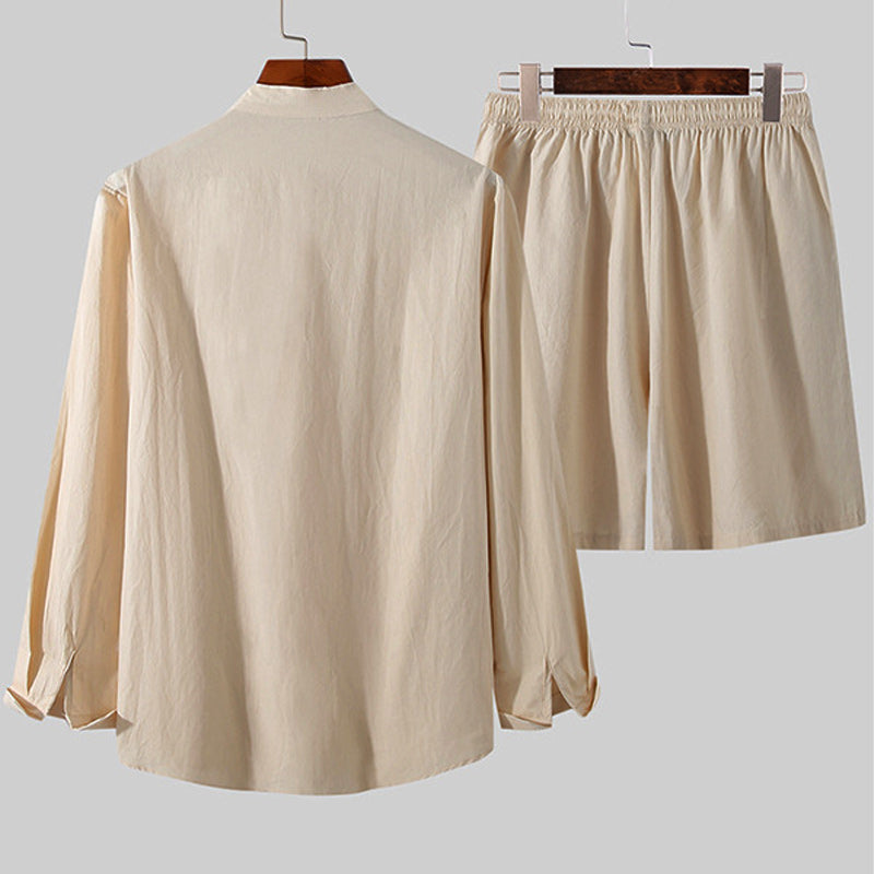 Simple Solid Color Holiday Cotton Linen Shirt Shorts Set