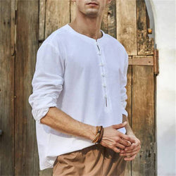 New Cotton and Linen Shirt Youth Solid Color Simple Round Neck Button Trend Casual Long-sleeved Shirt