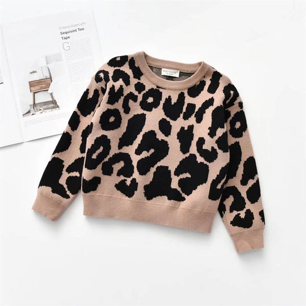 Crew Neck Pullover Sweater Long Sleeve Leopard Print Children's Clothing