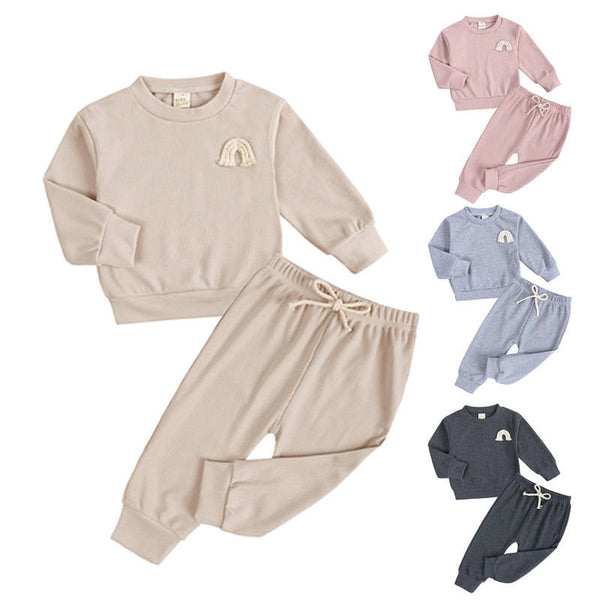 Round Neck Rainbow Embroidered Long Sleeve Trousers Children's Two Piece Set