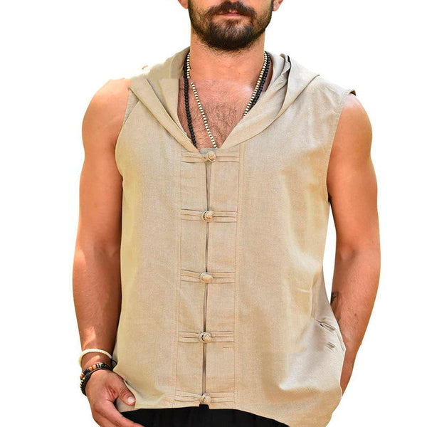 Summer Men's Solid Color Loose Button Hooded Vest Youth Fashion Casual Cotton Linen Top