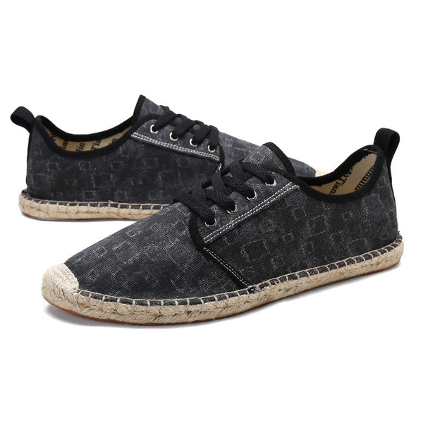 Men's Straw Woven Cotton and Linen Non-slip Wear-resistant Breathable Denim Lace Hemp Rope Shoes