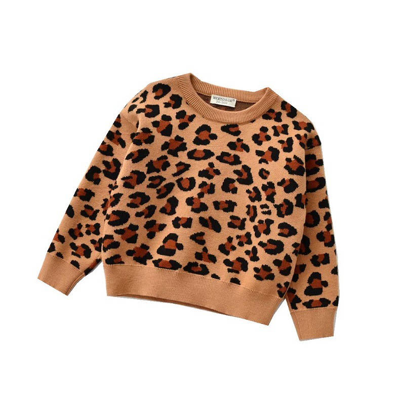 Crew Neck Pullover Sweater Long Sleeve Leopard Print Children's Clothing