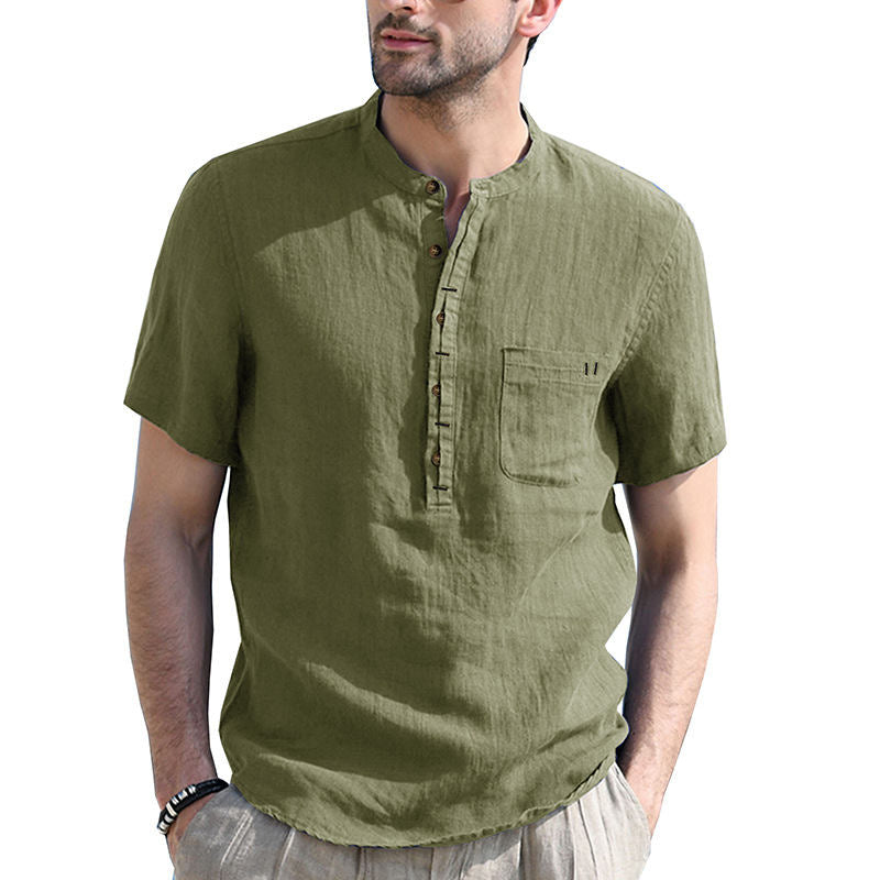 Men's Henry Collar Solid Color Pocket Short-sleeved Shirt European and American Men's Cotton and Linen Shirt