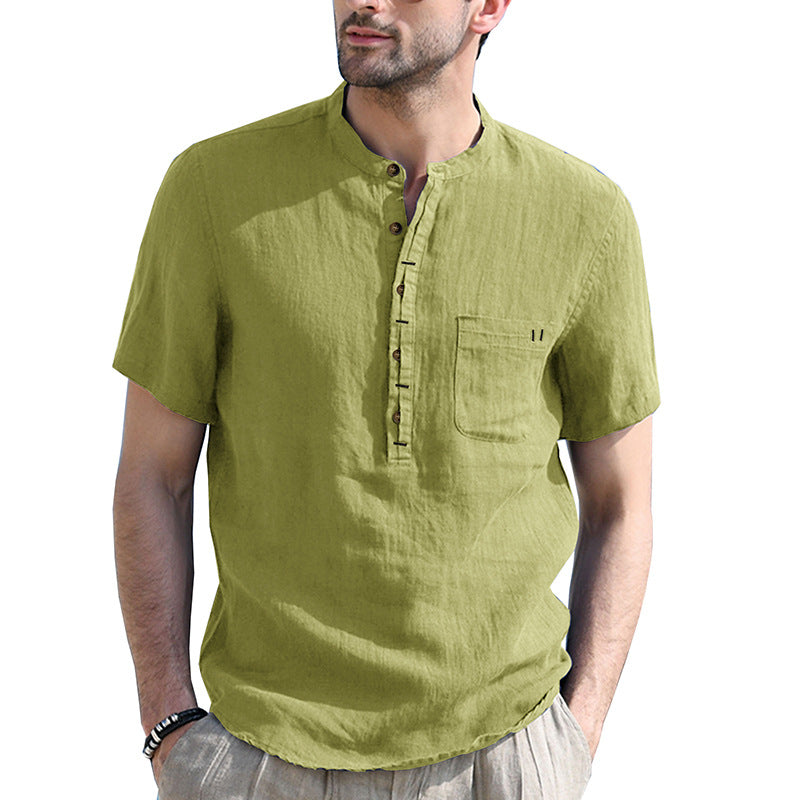 Men's Henry Collar Solid Cotton Linen Pocket Short Sleeved Shirt