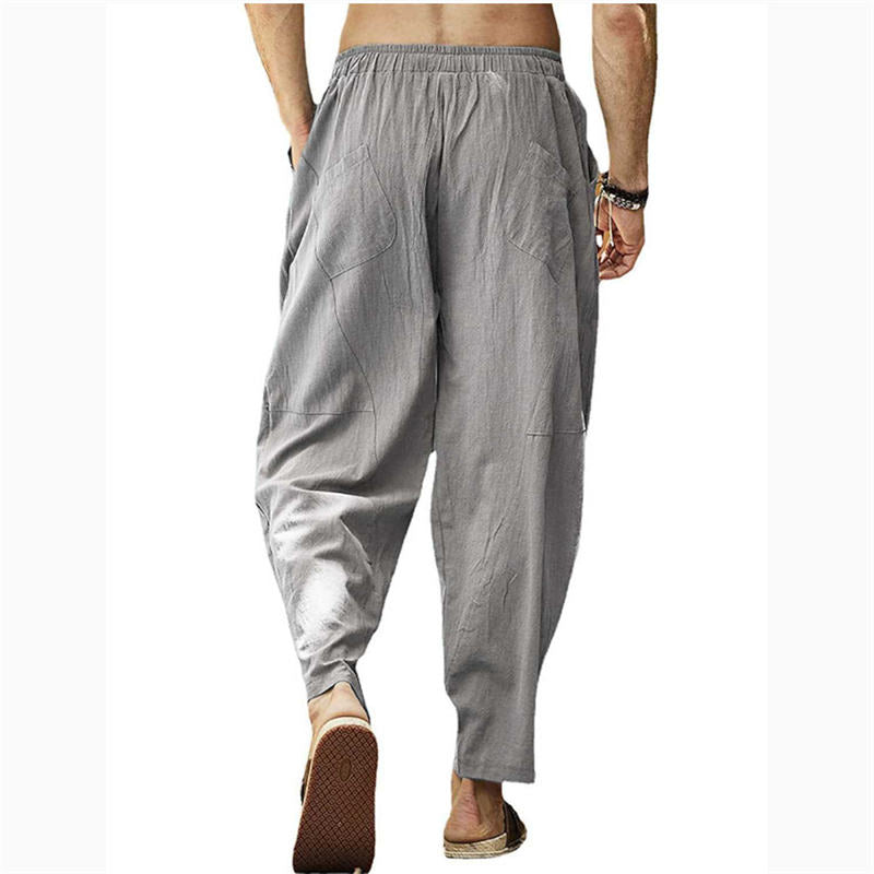 Large Size Casual Pants Men's Loose Cotton and Linen Drawstring Hip Hop Lantern Pencil Pants