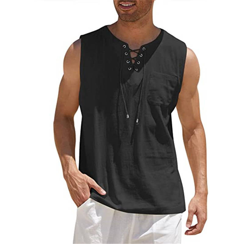 Men's Tank Top Shirt Lace Up Fashion Solid Color Cotton Linen Short Sleeve T-Shirt