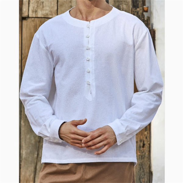 New Cotton and Linen Shirt Youth Solid Color Simple Round Neck Button Trend Casual Long-sleeved Shirt