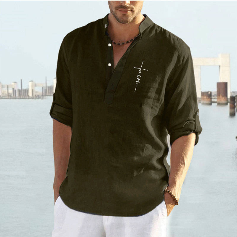 Men's Cotton Linen Solid Color Stand Collar Long Sleeve Shirt Loose Shirt