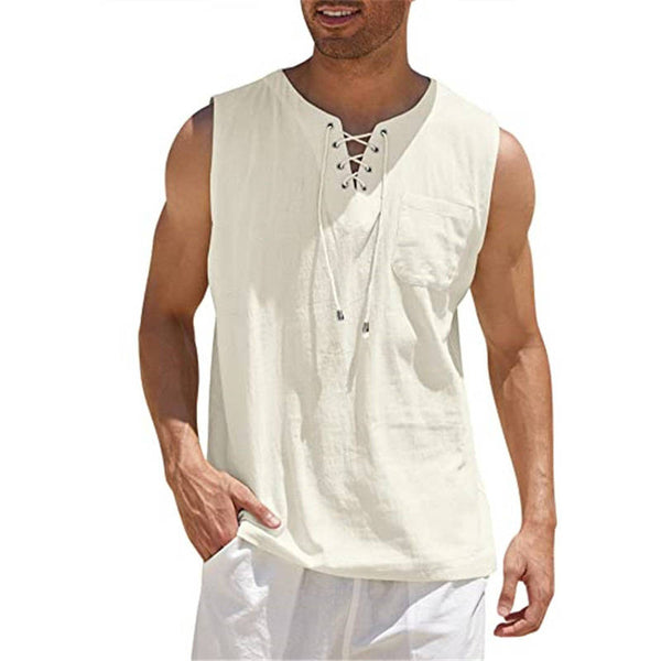 Men's Tank Top Shirt Lace Up Fashion Solid Color Cotton Linen Short Sleeve T-Shirt