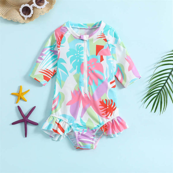 Girls' Mid Length Sleeve One Piece Swimsuit Beachwear