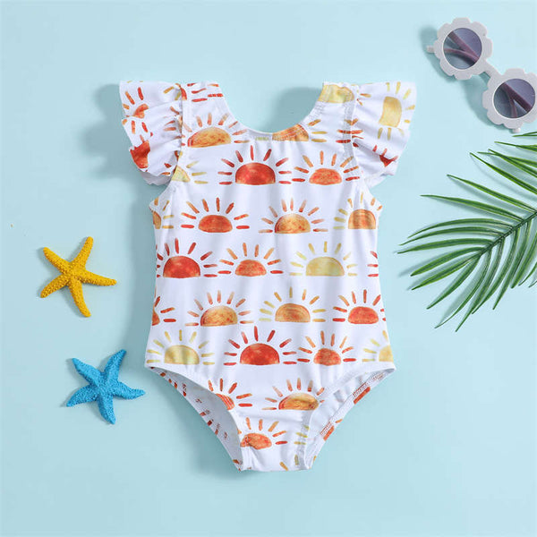 Sun Printed Backless Bow Girls Swimsuit