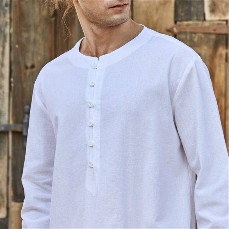 New Cotton and Linen Shirt Youth Solid Color Simple Round Neck Button Trend Casual Long-sleeved Shirt