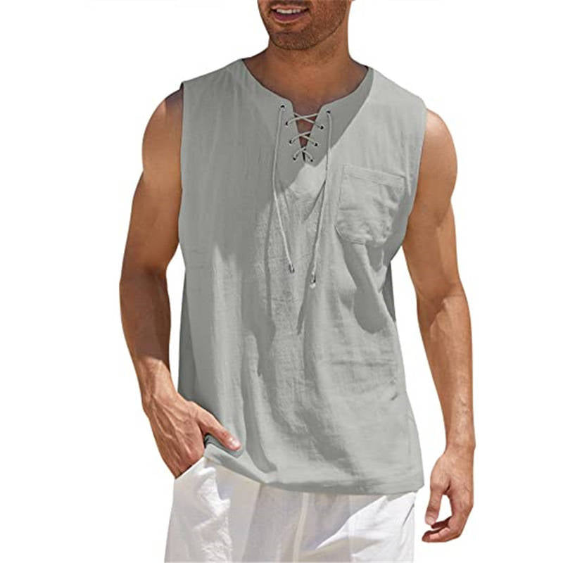 Men's Tank Top Shirt Lace Up Fashion Solid Color Cotton Linen Short Sleeve T-Shirt