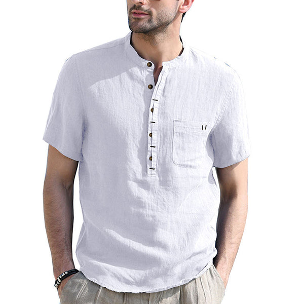 Men's Henry Collar Solid Color Pocket Short-sleeved Shirt European and American Men's Cotton and Linen Shirt