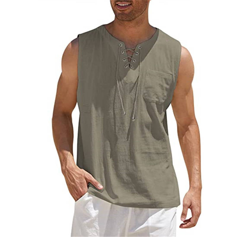 Men's Tank Top Shirt Lace Up Fashion Solid Color Cotton Linen Short Sleeve T-Shirt