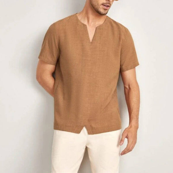 Summer New Men's Five Point Sleeve V-Neck Loose Cotton Linen Top Amazon Casual T-Shirt