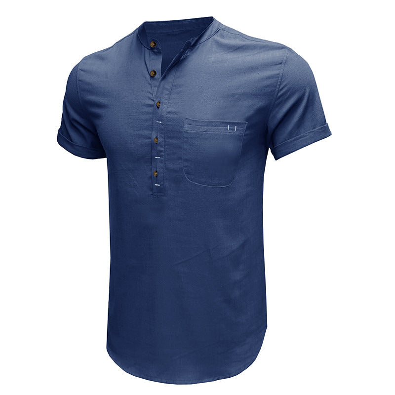 Men's Henry Collar Solid Cotton Linen Pocket Short Sleeved Shirt